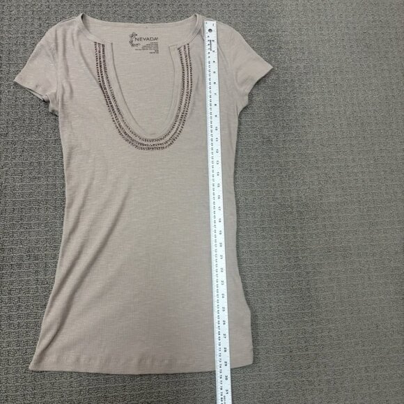 Nevada Shirt Medium Long Baby Tee Beaded Ribbed Scoop Plunge Neck Jersey Knit - Picture 4 of 9